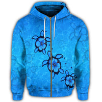 Hawaiian Turtle Swim In The OCean With Hibiscus Polynesian Zip Hoodie - Polynesian Pride