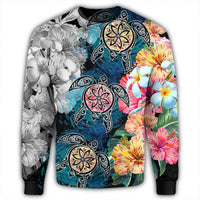 Hawaiian Turtle Swimming Wave Plumeria Hibiscus Polynesian Sweatshirt - Garden Style - AH - Polynesian Pride