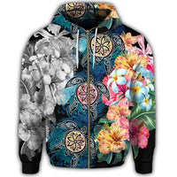 Hawaiian Turtle Swimming Wave Plumeria Hibiscus Polynesian Zip Hoodie Garden Style - Polynesian Pride
