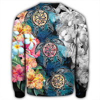 Hawaiian Turtle Swimming Wave Plumeria Hibiscus Polynesian Sweatshirt - Garden Style - AH - Polynesian Pride