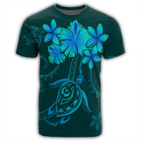 Hawaiian Turtles Hibiscus Plumeria Polynesian T Shirt Turquoise AH - Polynesian Pride