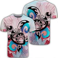 Hawaiian Wave Hibiscus Watercolor Turtle Polynesian T Shirt AH Unisex Black - Polynesian Pride
