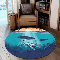 Hawaiian Whale And Turtle In Sunset Polynesian Round Carpet - AH - Polynesian Pride
