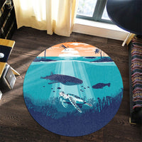 Hawaiian Whale And Turtle In Sunset Polynesian Round Carpet - AH - Polynesian Pride