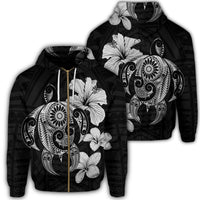 Hibiscus Plumeria Mix Polynesian Turtle Zip Hoodie Gray Unisex Art - Polynesian Pride