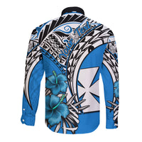(Custom Personalised) Wallis et Futuna Hawaii Long Sleeve Button Shirt Polynesian Pattern and Hibiscus Flowers Version Blue LT13 - Polynesian Pride