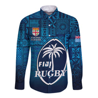 Fiji Rugby Hawaii Long Sleeve Button Shirt Flying Fijians Blue 02 Tapa Pattern LT13 Unisex Blue - Polynesian Pride