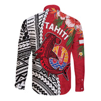 Tahiti Islands Long Sleeve Button Shirt Polynesian Shark Mix Tropical Flowers LT14 - Polynesian Pride