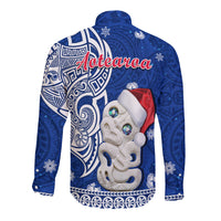 (Custom Personalised) New Zealand Christmas Long Sleeve Button Shirt Hei Tiki Blue Pohutukawa Meri Kirihimete LT14 - Polynesian Pride