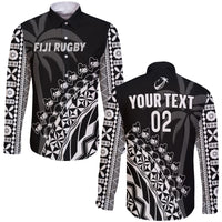 (Custom Text And Number) Fiji Rugby Long Sleeve Button Shirt Fijian Cibi Dance Tapa Pattern Black LT14 Unisex Black - Polynesian Pride