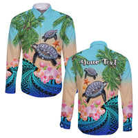(Custom Personalised) Polynesian Turtle Coconut Tree And Orchids Long Sleeve Button Shirt LT14 Unisex Blue - Polynesian Pride