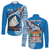 (Custom Personalised) Fiji Long Sleeve Button Shirt Fijian Drua Mix Tagimaucia Flower Blue Style LT14 Unisex Blue - Polynesian Pride
