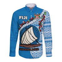 (Custom Personalised) Fiji Long Sleeve Button Shirt Fijian Drua Mix Tagimaucia Flower Blue Style LT14 - Polynesian Pride