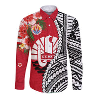 Tahiti Islands Long Sleeve Button Shirt Polynesian Shark Mix Tropical Flowers LT14 Unisex Red - Polynesian Pride