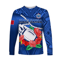 Samoa Rugby Long Sleeve Shirt Manu Samoa Polynesian Hibiscus Blue Style LT14 Unisex Blue - Polynesian Pride
