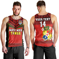 (Custom Text And Number) Tonga Rugby Men Tank Top Mate Maa Tonga Pacific Ngatu Black LT14 Red - Polynesian Pride