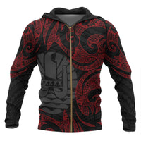 Tahiti Polynesian All Over Zip up Hoodie Red Tribal Unisex Red - Black - Polynesian Pride