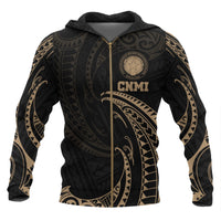Northern Mariana Islands Polynesian Zip up Hoodie Gold Tribal Wave Unisex Black - Polynesian Pride