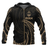 Guam Polynesian All Over Zip up Hoodie Gold Tribal Wave Unisex Black - Polynesian Pride