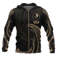 Yap Micronesia All Over Zip up Hoodie Gold Tribal Wave Unisex Black - Polynesian Pride
