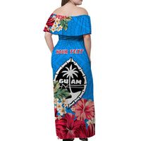 (Custom Personalised) Guam Chamorro Off Shoulder Long Dress Latte Stone Flowers Style Blue LT13 - Polynesian Pride