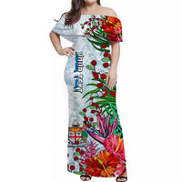 (Custom Personalised) Fiji Off Shoulder Long Dress Proud Fijian Tapa mix Tagimoucia Flowers LT13 Women White - Polynesian Pride