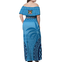 (Custom Personalised) Fiji University Off Shoulder Long Dress National Fijian Tapa Pattern Blue LT14 - Polynesian Pride