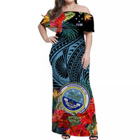 (Custom Personalised) Federated States of Micronesia Off Shoulder Long Dress Hibiscus Flowers FSM Seal Polynesian Ver.01 LT14 Women Blue - Polynesian Pride
