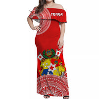 (Custom Personalised) Tonga Off Shoulder Long Dress Tongan Coat Of Arms Ngatu Pattern LT14 Women Red - Polynesian Pride