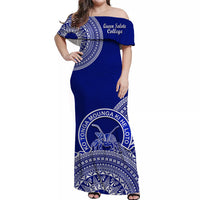 (Custom Personalised) Queen Salote Tonga College Off Shoulder Long Dress Tongan Ngatu Pattern LT14 Women Blue - Polynesian Pride