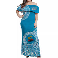 (Custom Your Class Year) Lavengamalie Tonga College Off Shoulder Long Dress Class Of Year Tongan Ngatu Pattern LT14 Women Blue - Polynesian Pride