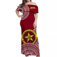 (Custom Personalised) Tonga Eua High School Off Shoulder Long Dress Tongan Ngatu Pattern LT14 Women Maroon - Polynesian Pride