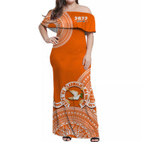 (Custom Personalised) Tailulu Tonga College Off Shoulder Long Dress Class Of Year Tongan Ngatu Pattern LT14 Women Orange - Polynesian Pride