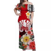 Tahiti Islands Off Shoulder Long Dress Polynesian Shark Mix Tropical Flowers Red Style LT14 Women Red - Polynesian Pride