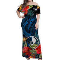 Yap State Off Shoulder Long Dress FSM Hibiscus Flowers Mix Polynesian LT14 Women Blue - Polynesian Pride