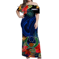 Pohnpei State Off Shoulder Long Dress FSM Hibiscus Flowers Mix Polynesian LT14 Women Blue - Polynesian Pride