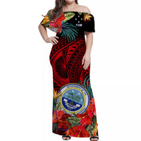 (Custom Personalised) Federated States of Micronesia Off Shoulder Long Dress Hibiscus Flowers FSM Seal Polynesian Ver.05 LT14 Women Red - Polynesian Pride