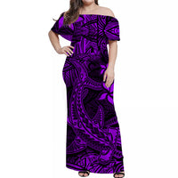 Polynesian Off Shoulder Long Dress Purple Hawaiian Tribal Hammerhead Shark LT14 Women Purple - Polynesian Pride