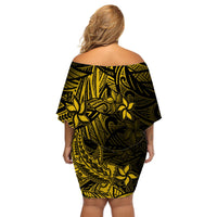 Polynesian Off Shoulder Short Dress Gold Hawaiian Tribal Hammerhead Shark LT14 - Polynesian Pride