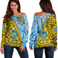 (Custom Personalised) Tuvalu 1978 Off Shoulder Sweater Happy 44th Independence Anniversary Polynesian Pattern LT14 Women Yellow - Polynesian Pride