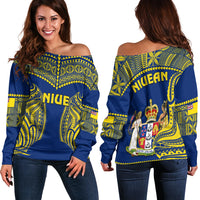 Niue Off Shoulder Sweater Hiapo Mix Polynesian Happy Constitution Day LT14 Women Blue - Polynesian Pride