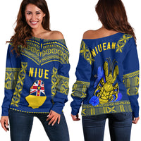 Niue Off Shoulder Sweater Happy Constitution Day Niuean Hiapo Crab With Map LT14 Women Blue - Polynesian Pride