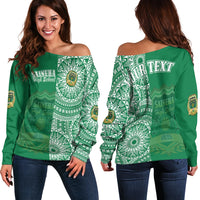 (Custom Personalised) Tonga Saineha High School Off Shoulder Sweater Tongan Ngatu Pattern LT14 Women Green - Polynesian Pride