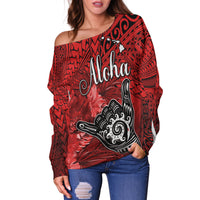 The Shaka Hawaii Off Shoulder Sweater Tropical Flowers Red Version LT13 - Polynesian Pride