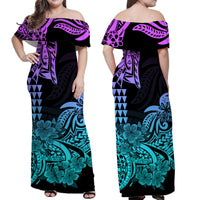 Hawaii Kakau Off Shoulder Long Dress Polynesian Floral Tribal Heliotrope Version LT9 - Polynesian Pride