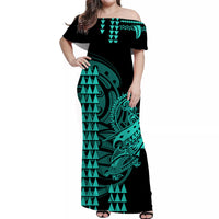 Hawaii Polynesian Warrior Kakau Off Shoulder Long Dress-Green LT6 Women Green - Polynesian Pride