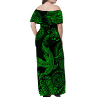 Hawaii Angry Shark Polynesian Off Shoulder Long Dress Unique Style - Green LT8 - Polynesian Pride