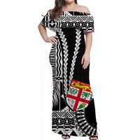 Fiji Off Shoulder Long Dress Masi Tapa Patterns Black Style LT6 Women Black - Polynesian Pride