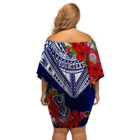(Custom Personalised) Guam Chamorro Off Shoulder Short Dress Guaman Latte Stone Tropical Flowers Blue Version LT14 - Polynesian Pride