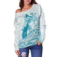 (Custom Personalized) Guam Off Shoulder Sweater Ocean and Turtle Simple Style LT7 Cerulean - Polynesian Pride